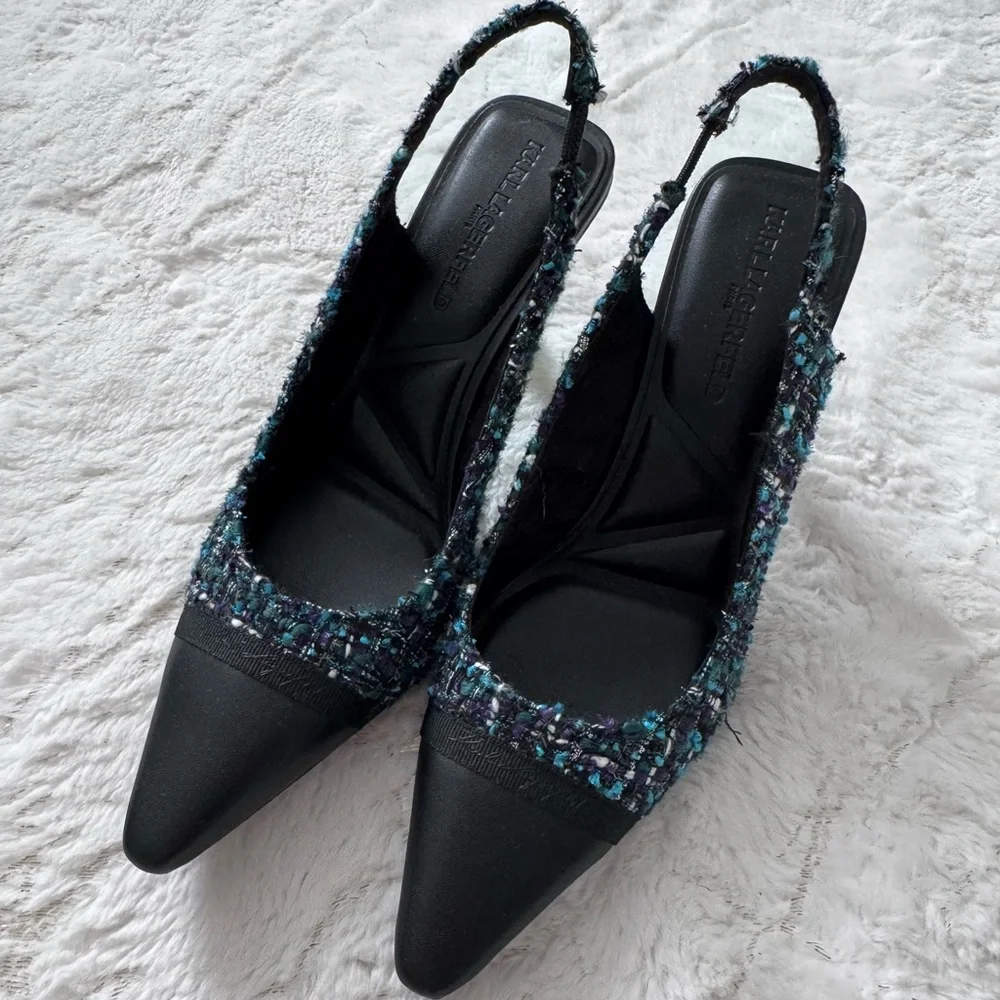 Karl Lagerfeld Black and Blue Tweed Sandals - Picture 6 of 7